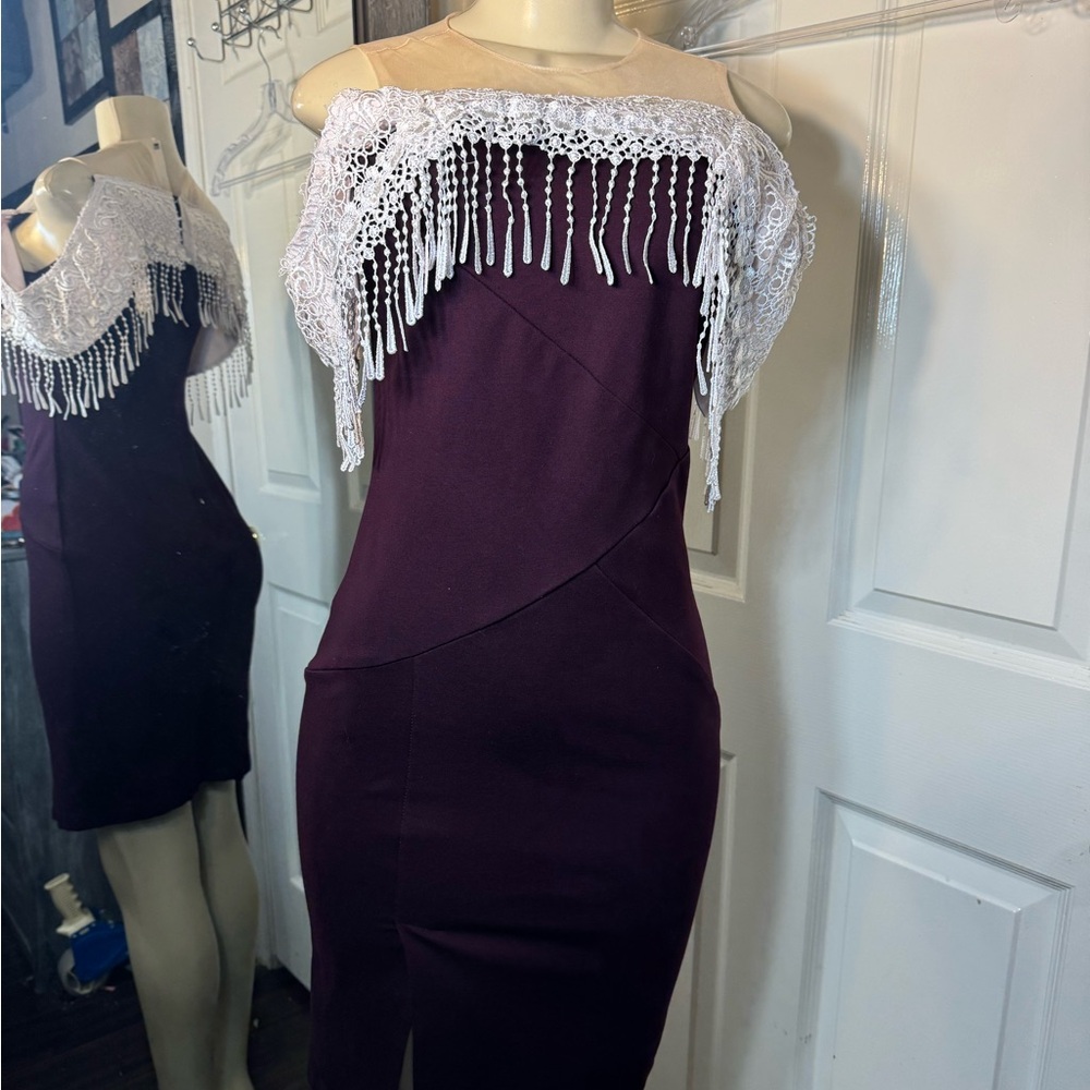 Lace Overlay Midi Dress - Cream and Burgundy